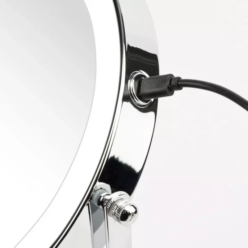 Bezrāmju spogulis Girmi BE02 — apaļš, nerūsējošais tērauds, LED ar pieskāriena vadību, 1x/3x palielinājums, USB-C uzlādējams (1000 mAh)