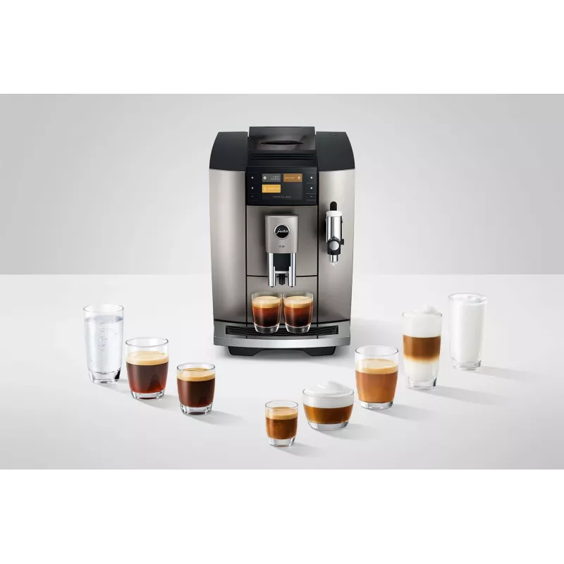Kafijas automāts JURA E8 Pilnībā automātisks 1,9 L Sudrabs — 15 bāri, 3,5 collu displejs, dzirnaviņas, piena putotājs