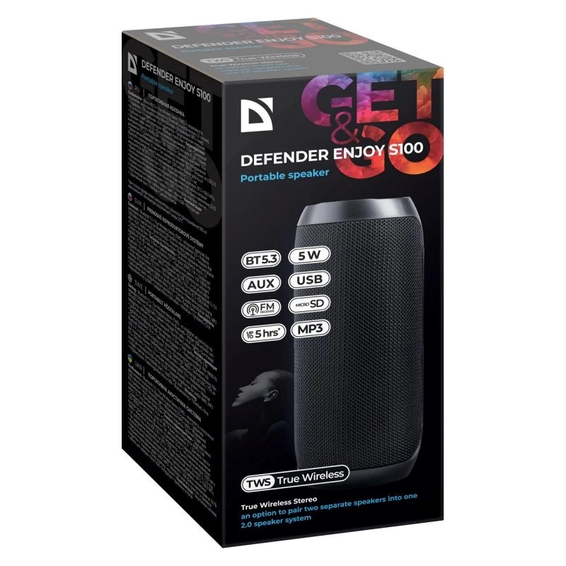 Portatīvais Bluetooth skaļrunis DEFENDER ENJOY S100 — 10W, Bluetooth 5.3, 5h akumulators, LED apgaismojums, iebūvēts mikrofons