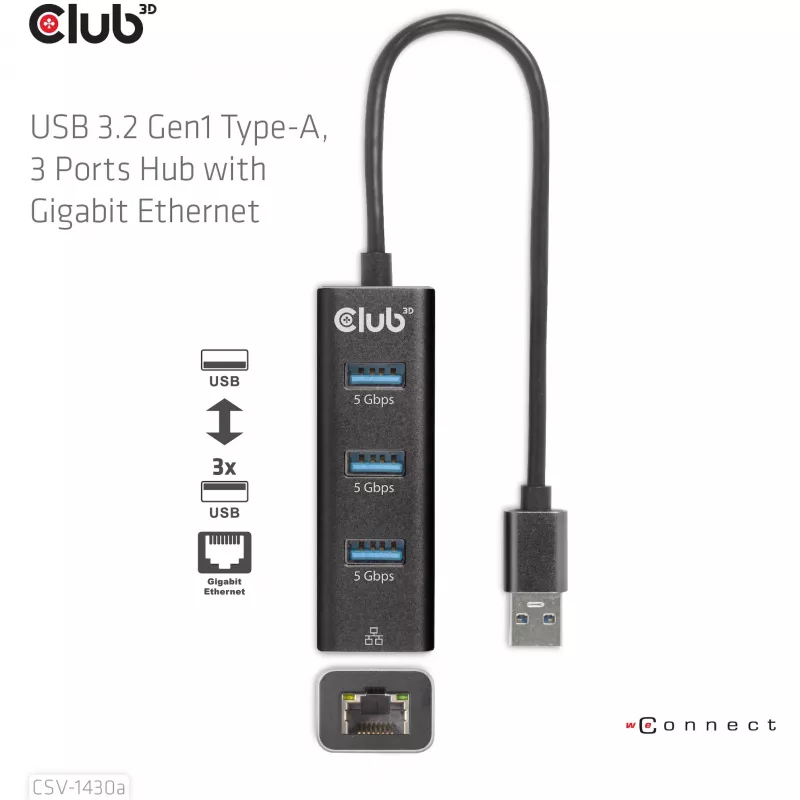 USB Hubs CLUB3D USB 3.2 Gen1 Type-A 3 Porti ar Gigabit Ethernet
