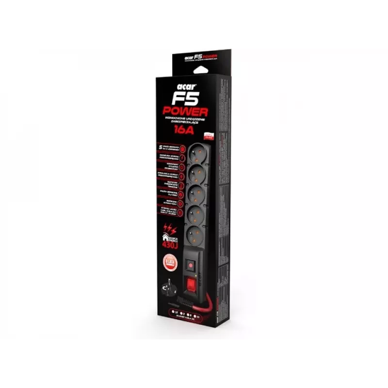 Strāvas sadalītājs ACAR F5 POWER Melns 5 AC kontaktligzdas 230 V 5 m
