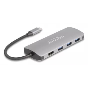 USB-C centrmezgls DELOCK 64323 — USB 3.2 Gen 2 Type-C, HDMI + 2× USB-A + 2× USB-C, 10 Gbit/s, pelēks