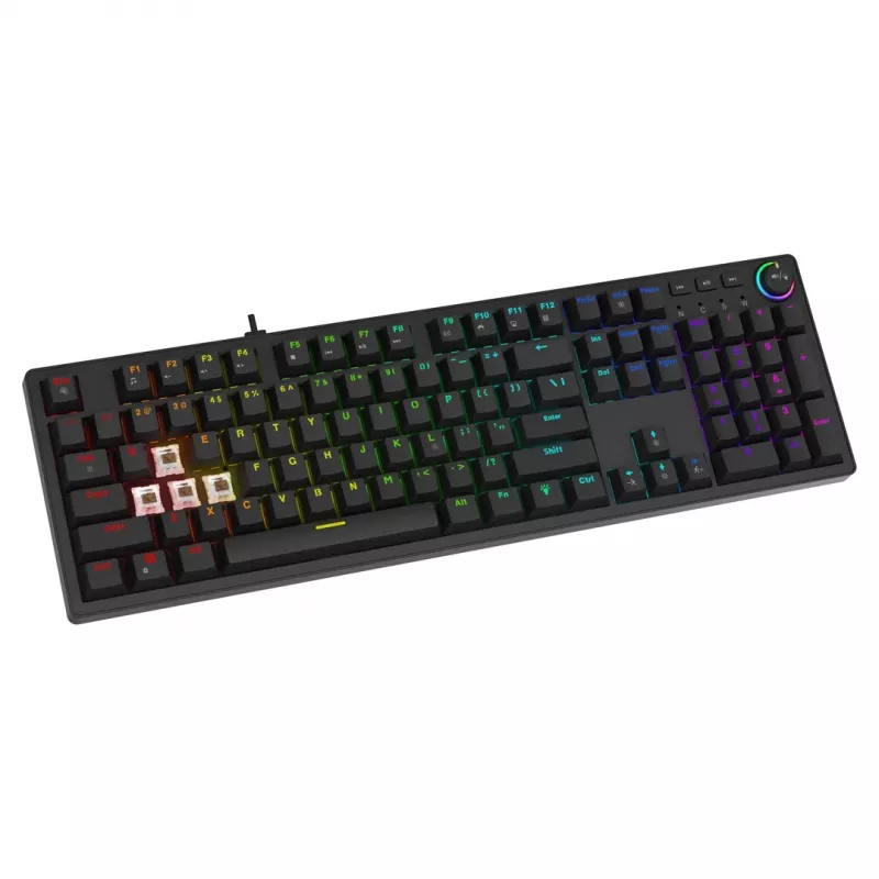 Mehāniskā spēļu tastatūra SAVIO STYX Outemu Blue Hot-Swap RGB USB QWERTY US International Melna 104 taustiņi