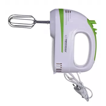 Rokas mikseris ESPERANZA EKM011 — 400 W, 5 ātrumi, turbo, mīklas āķi un putotāji, 220–240 V, balts/gaiši zaļš