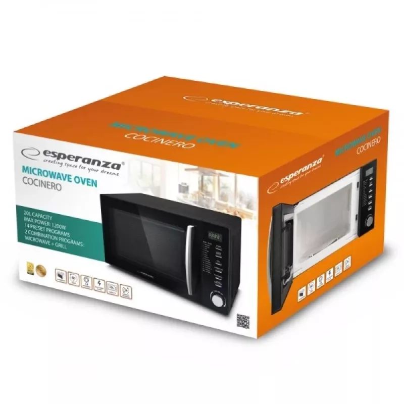 Kombinētā mikroviļņu krāsns ESPERANZA COCINERO 1200 W, 20 L, grils 900 W, LED displejs, novietojama uz galda, melna