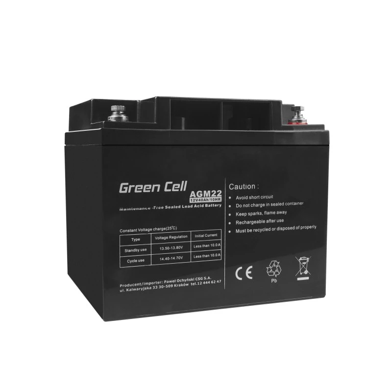 Green Cell AGM22 UPS akumulators, AGM hermētisks svina-skābes (VRLA), 12 V 40 Ah, 170 x 165 mm, 12,1 kg, melns