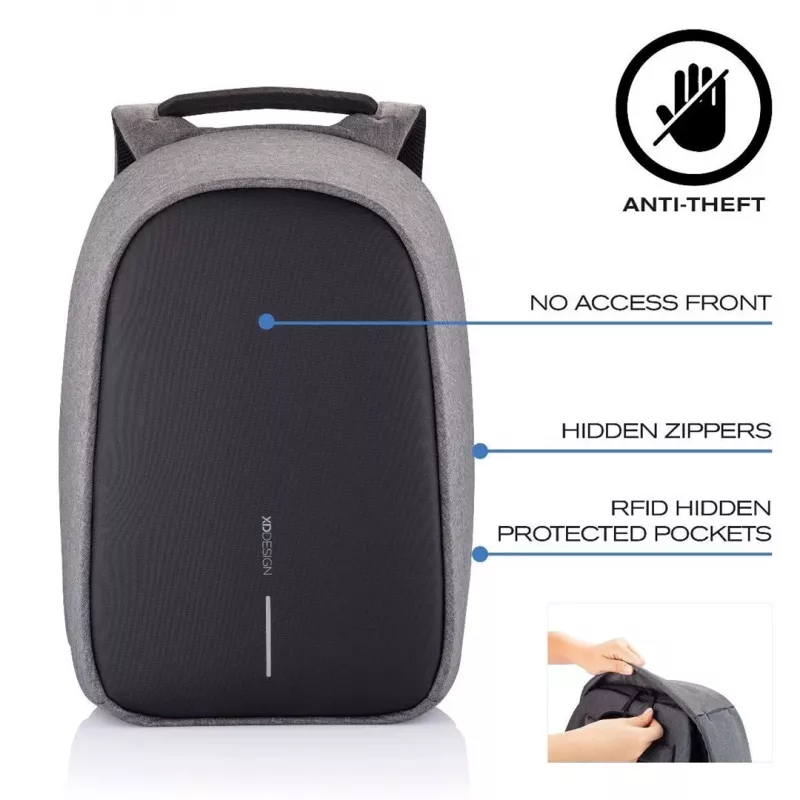 XD Design Bobby Hero Regular P705.292 pretaizdzīšanas mugursoma, paredzēta 15,6 collu portatīvajam datoram un 12,9 collu planšetei, 16 l, USB uzlādes pieslēgvieta, RFID kabata, pelēkā krāsā
