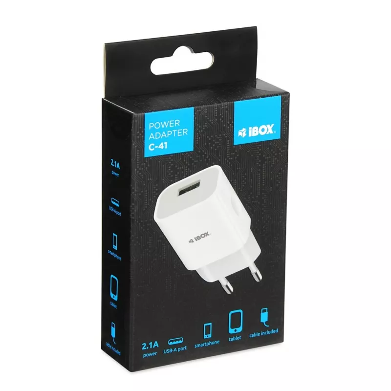 Lādētājs iBOX C-41 USB 2A, 1 USB ports, microUSB kabelis, Balts