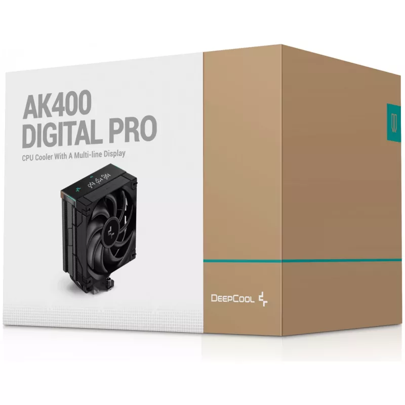 Gaisa dzesētājs DeepCool AK400 Digital PRO — 120 mm ventilators, PWM, 1850 RPM, FDB, atbalsta LGA 1700/1200/115x/AM4/AM5, melns