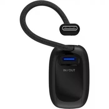 Powerbank 5.000 mAh ar integrētu USB-C kabeli 13cm, 20W (melns, 5 Ah, 1x USB-A, 1x USB-C, PD, QC)