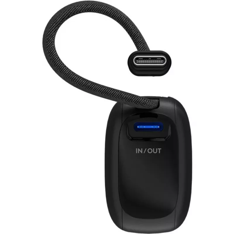 Powerbank 5.000 mAh ar integrētu USB-C kabeli 13cm, 20W (melns, 5 Ah, 1x USB-A, 1x USB-C, PD, QC)