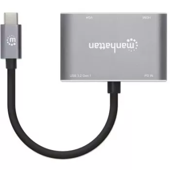 Manhattan USB-C dokstacija/centrmezgls, 4 porti: HDMI, USB-A, USB-C un VGA, ar Power Delivery (PD) 87W — nepieciešams ārējs USB-C lādētājs (nav iekļauts), USB barošana (nav nepieciešams ārējais barošanas avots), ja PD netiek izmantots, alumīnijs
