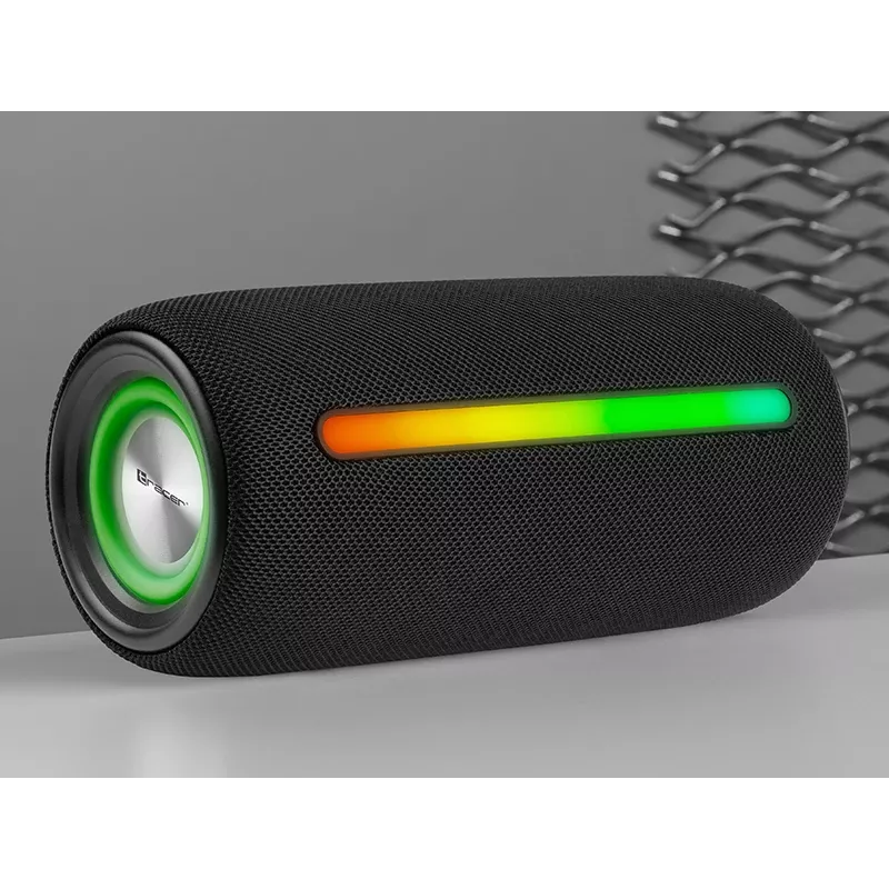 Pārnēsājams stereo skaļrunis TRACER Stripe Black — 10 W RMS, Bluetooth/Vadu, USB-A & USB-C, MicroSD, iebūvēts akumulators (līdz 5 h)