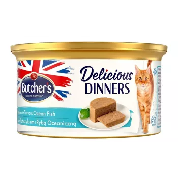 Butcher's Delicious Dinners Mousse ar tunci un okeāna zivīm, kaķu konservs 85 g, pieaugušiem, bez cukura un lipekļa