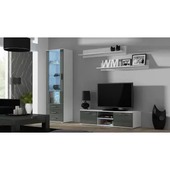TV statīvs cama meble SOHO 140 — 1400×430×370 mm, balta virsma, skaidu plātne, balts rāmis, balts/pelēks spīdums