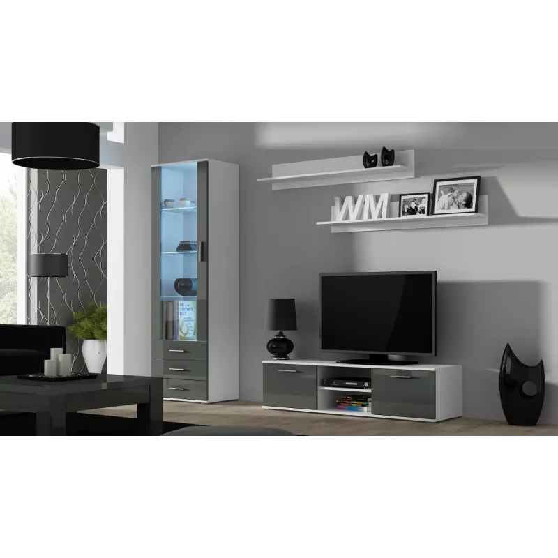 TV statīvs cama meble SOHO 140 — 1400×430×370 mm, balta virsma, skaidu plātne, balts rāmis, balts/pelēks spīdums