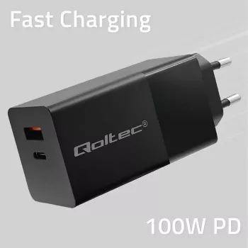 Qoltec 52382 GaN POWER PRO lādētājs | 1x USB Type-C | 1x USB A | 100W | 5-20V | 1.5-5A | PD | Melns