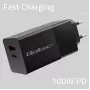Qoltec 52382 GaN POWER PRO lādētājs | 1x USB Type-C | 1x USB A | 100W | 5-20V | 1.5-5A | PD | Melns