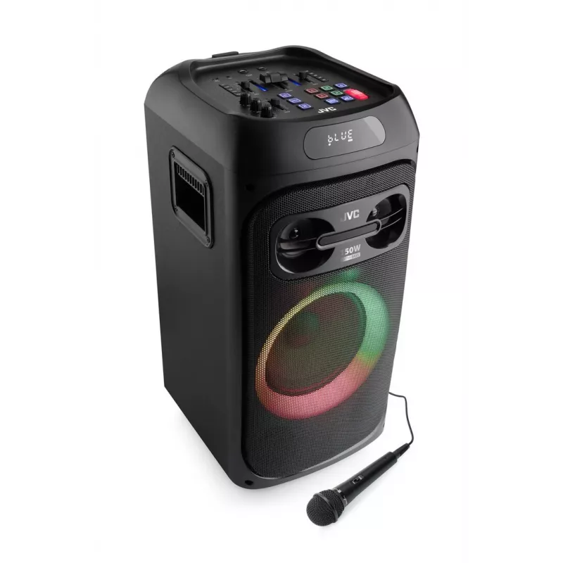 Party skaļrunis JVC XS-EP514B — portatīvais stereo skaļrunis, 150W RMS, Bluetooth 5.0, TWS, 4000mAh akumulators, karaoke, FM, melns
