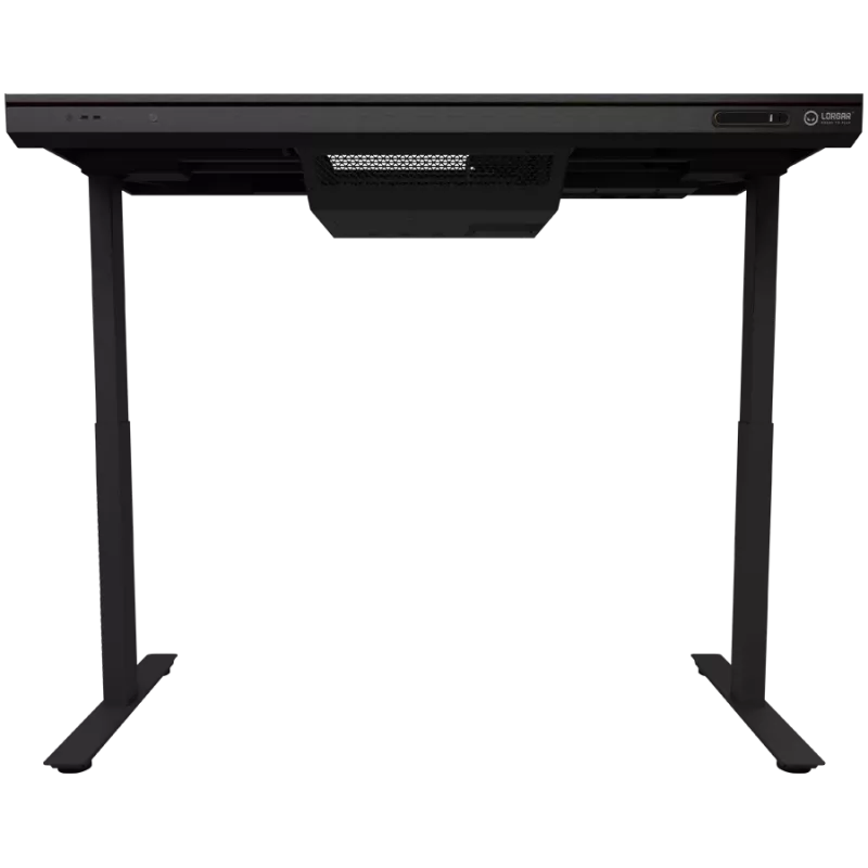 Divmotoru sēdus-stāvus regulējams spēļu galds ar iebūvētu PC korpusu, bezvadu lādētāju, RGB apgaismojumu, vadības paneli un USB portiem, rūdīta stikla virsma, melns