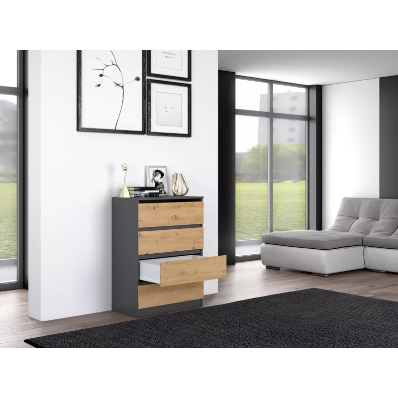 Kumode Top e Shop M4 ANTRACĪTS/ARTISĀNS — 4 atvilktnes, antracīta un ozola finišs, 700×400×970 mm, skaidu plātne