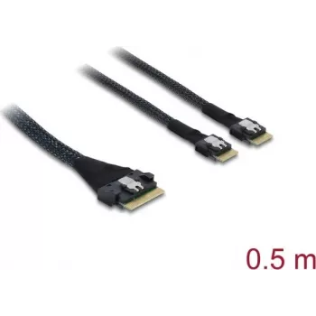 DELOCK PCIe 4.0 Slim SAS SFF-8654 uz 2× SFF-8644 (4i) kabelis 0.5 m