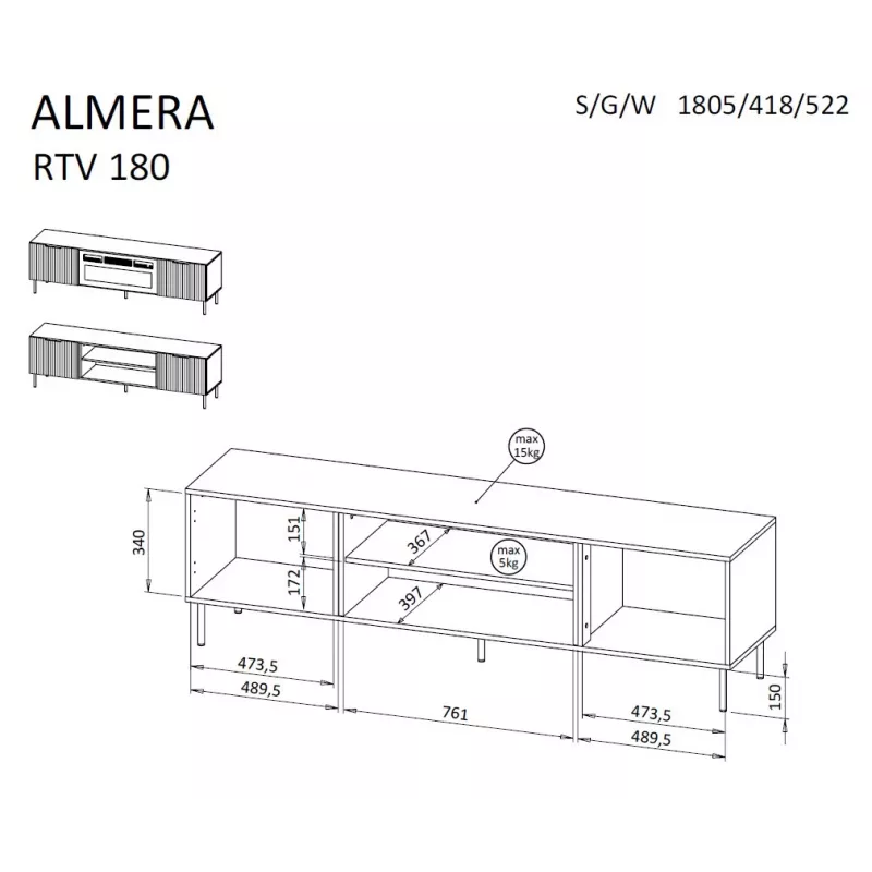 TV skapis Cama ALMERA 180.5×42×52.5 cm valrieksts/krems – skaidu plātnes virsma, valrieksta rāmis