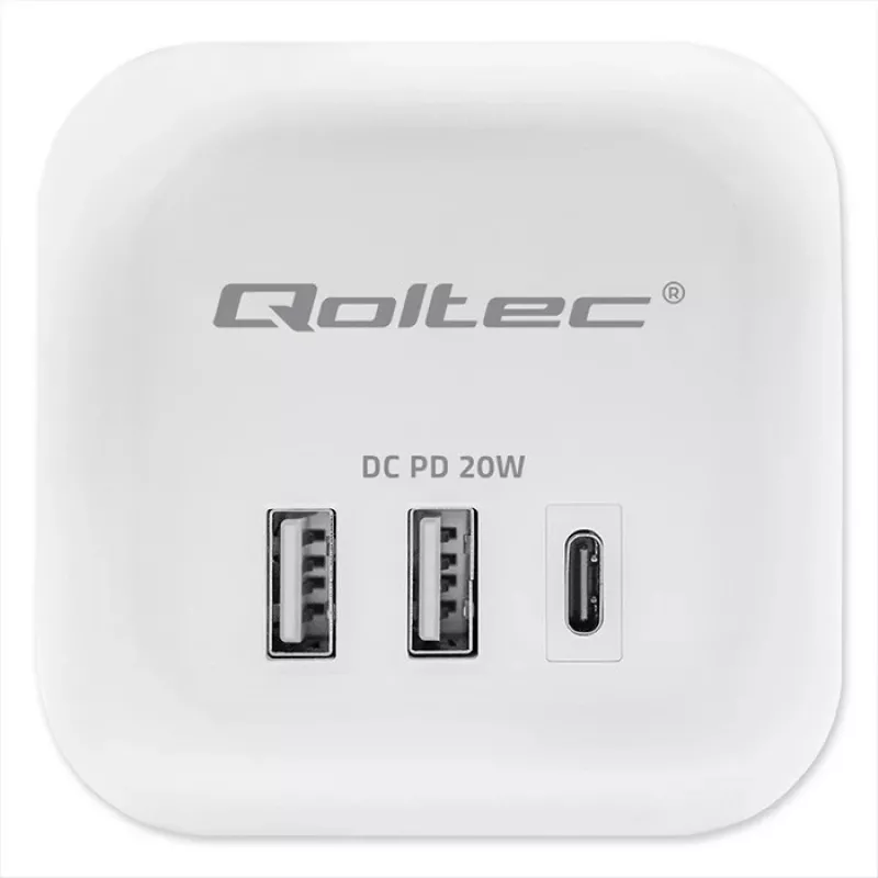 Pagarinātājs QOLTEC 52548 ar 3×AC kontaktligzdām un USB portu