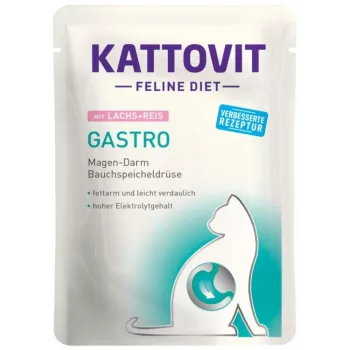 Kattovit Gastro veterinārā sausa barība kaķiem 85 g – Rīsi un Lasis, pieaugušiem, bezglutēna, 8% proteīns