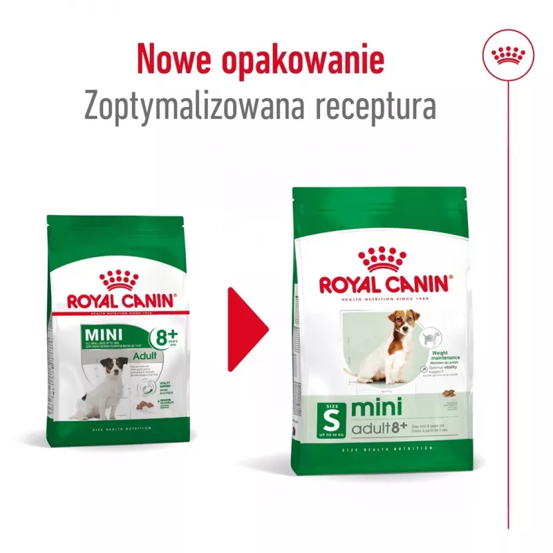 Sausā suņu barība Royal Canin Mini Adult 8+ 800 g — mazām šķirnēm, mājputni, 27% olbaltumvielas, 16% tauki