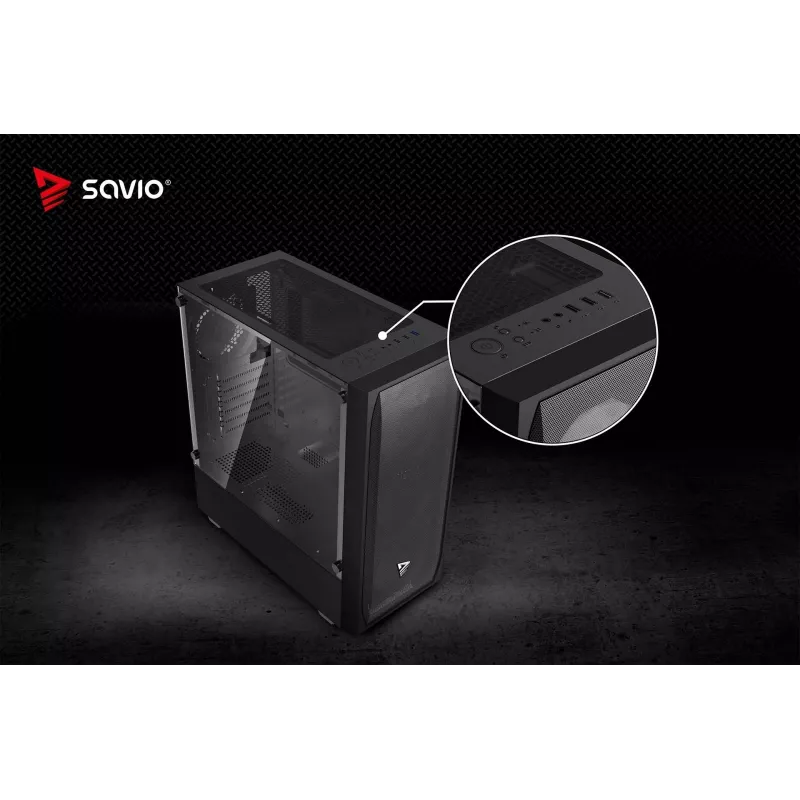 PC korpuss SAVIO Noctis Flow — Cube Mini-ITX/Micro-ATX/ATX, 3x120mm priekšā, 1x120mm aizmugurē, 2x3.5 collu + 3x2.5 collu sloti, rūdīts stikls
