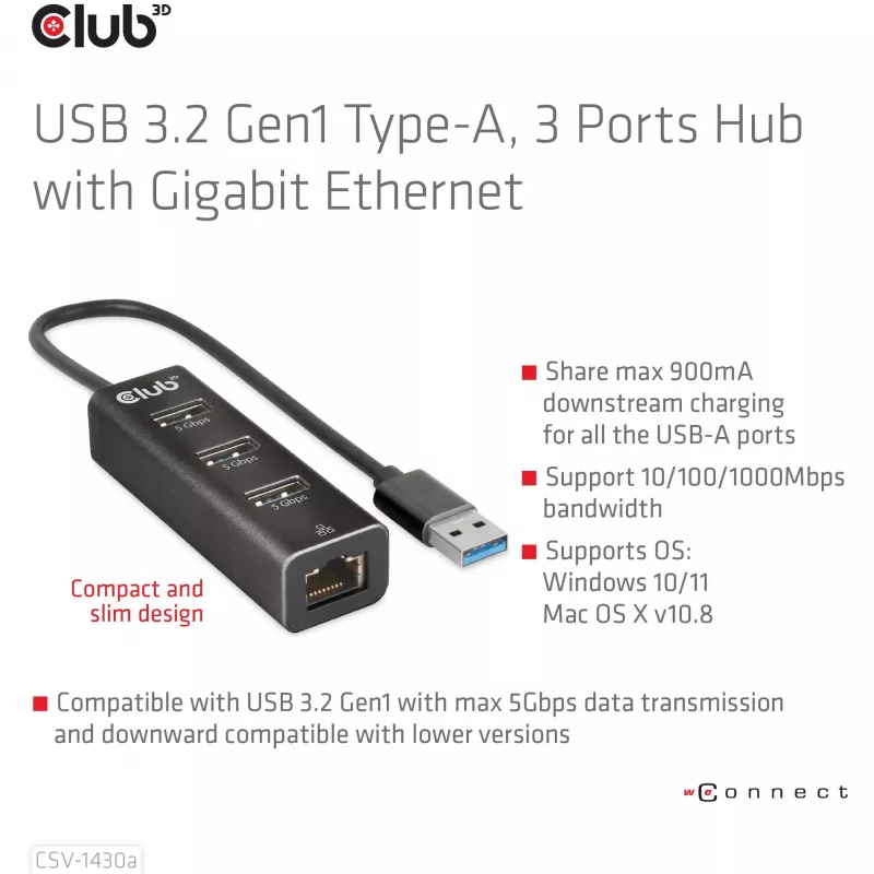 USB Hubs CLUB3D USB 3.2 Gen1 Type-A 3 Porti ar Gigabit Ethernet