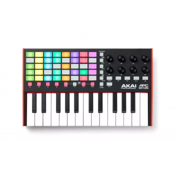 MIDI kontrolieris AKAI APC Key 25 MK2 — 25 ātrumjutīgi taustiņi, 40 spilventiņi, RGB fona apgaismojums, 8 kodētāji, USB barošana