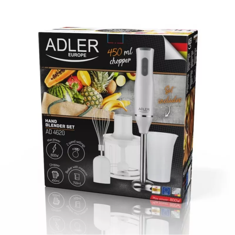Adler AD 4620 rokas blenderis ar piederumiem, 800 W, 2 ātrumi, smalcinātājs 450 ml, mērtrauks 750 ml, putotājs, balts