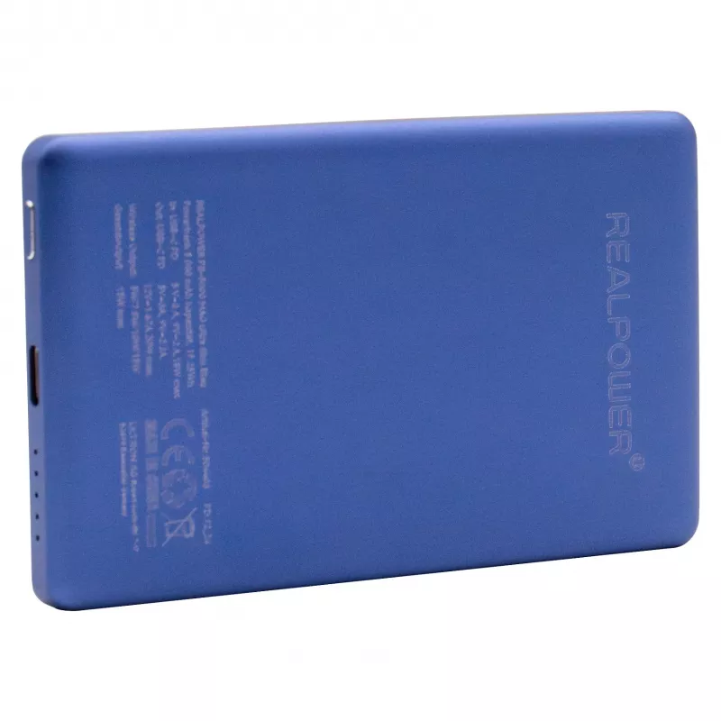 RealPower PB-5000 MAG pārnēsājamais akumulators 5000 mAh, MagSafe saderīga bezvadu uzlāde, USB-C, 20 W, ļoti plāns, zils