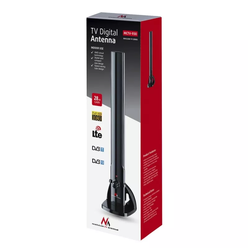 Maclean MCTV-930 aktīvā iekštelpu TV antena, DVB-T/T2, VHF/UHF/FM, LTE filtrs, 28 dB, F savienotājs, melna