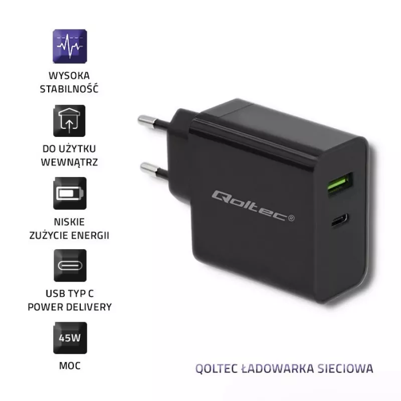 Barošanas adapteris QOLTEC 51717 45W 20V 3A AC iekštelpu lādētājs viedpulkstenim, melns
