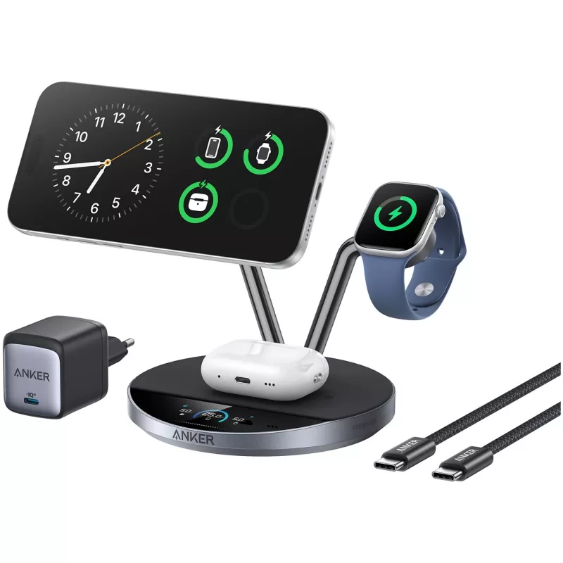 Anker Prime Bezvadu Lādēšanas Stacija Qi2.2 25W (3-in-1, MagGo, AirCool, Dock Statīvs) ar Barošanas Bloku