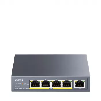 Tīkla slēdzis Cudy GS1005P — 5 portu Gigabit Ethernet ar 4 PoE portiem, 60W, metāla korpuss, montējams statīvā