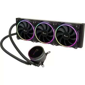 INTER-TECH LC-360 RGB — 360 mm šķidruma dzesētājs, 3 × 120 mm ventilatori, hidrauliskie gultņi, ARGB apgaismojums, melns