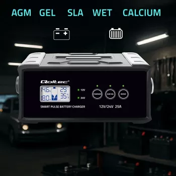 Akumulatoru lādētājs QOLTEC 52514 — 12V/24V, 25A, AGM/GEL/SLA, ar LCD displeju