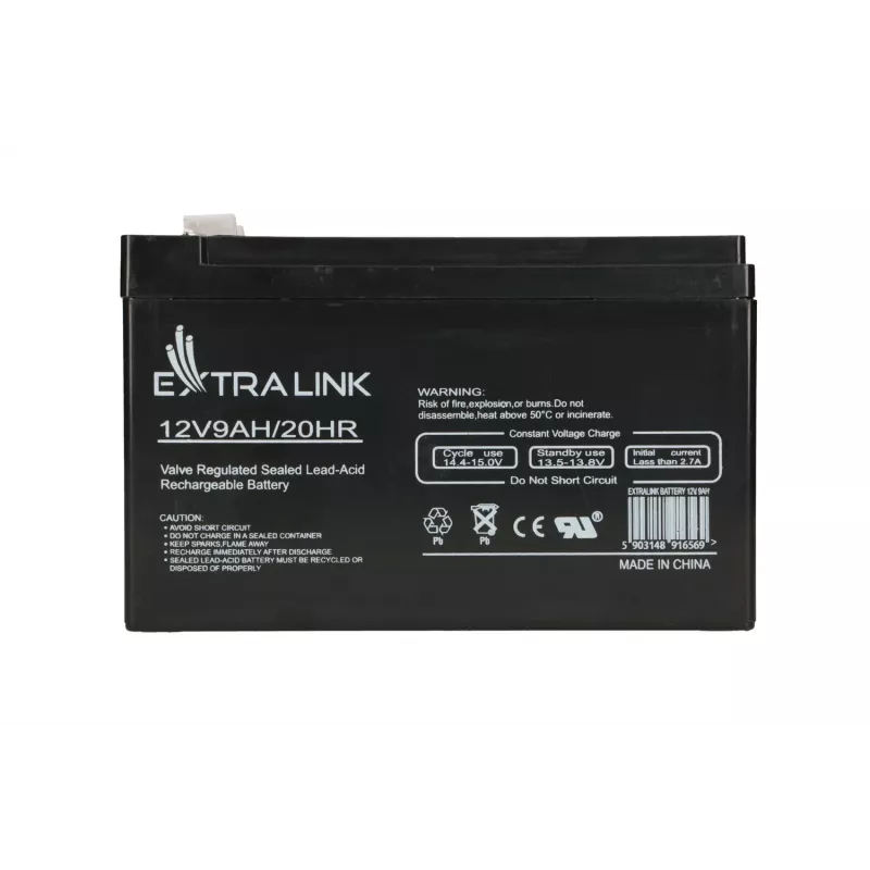 Noslēgts svina-skābes (VRLA) akumulators 12V 9Ah Extralink – AGM, 1 gab., Melns