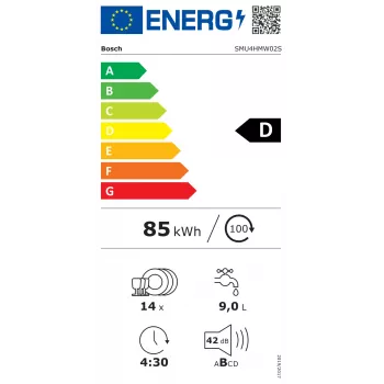 Bosch trauku mazgājamā mašīna | SMU4HMW02S | Iebūvējama | Platums 60 cm | 14 komplekti | 6 programmas | Energoefektivitātes klase D | Displejs | AquaStop funkcija | Balta