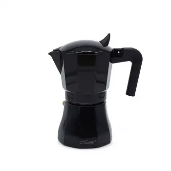 Moka krūziņa Maestro MR-1658-3 — alumīnija gāzes/elektriskās plīts kafijas automāts, 3 tases (0.15 L), melna, ar eņģu vāku