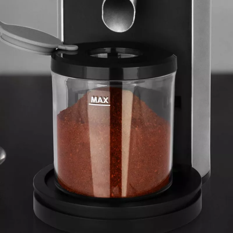 Kafijas dzirnaviņas GASTROBACK Design Pro Touch 30 — konusveida dzirnakmeņi, 300 g tvertne, 150 W, melna/caurspīdīga