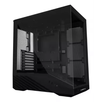 PC korpuss Lian Li Vector V100 Midi Tower — Melns ar caurspīdīgu paneli, atbalsta 3×120mm sānu + 1×120mm aizmugures ventilatorus, 3.5 collu HDD, 2.5 collu SSD, 235.5×446×484.6 mm