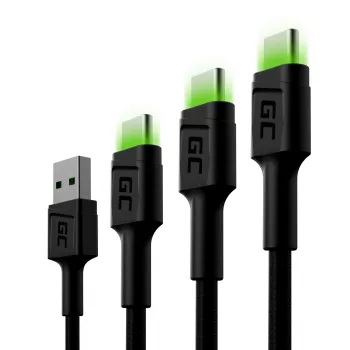 USB-C kabeļu komplekts Green Cell GC Ray — USB A uz USB C 3 garumi (30 cm, 120 cm, 200 cm), USB PD, 480 Mbps, 2.4 A, melns