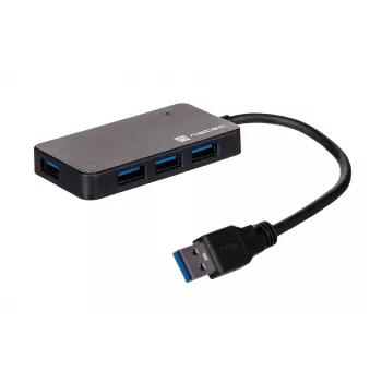 USB centrmezgls NATEC Moth 4-portu USB 3.2 Gen 1 Type-A (5000 Mbit/s), USB barots, melns, 0,15 m kabelis