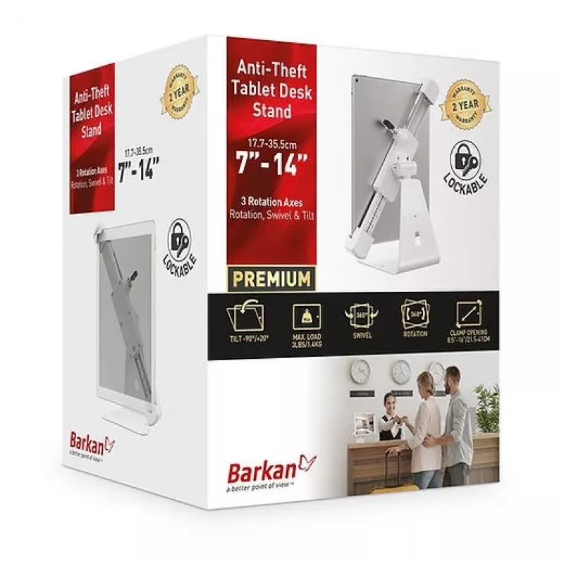 Barkan T71HL planšetdatora galda statīvs ar slēdzeni 7–14 collu, grozāms 360°, balts