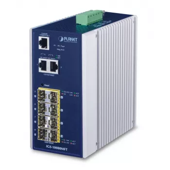 Pārvaldāms tīkla slēdzis PLANET IGS-10080MFT — 2 x Gigabit RJ-45, 8 x SFP, 12–48 V līdzstrāva, pārvaldāms, IP30